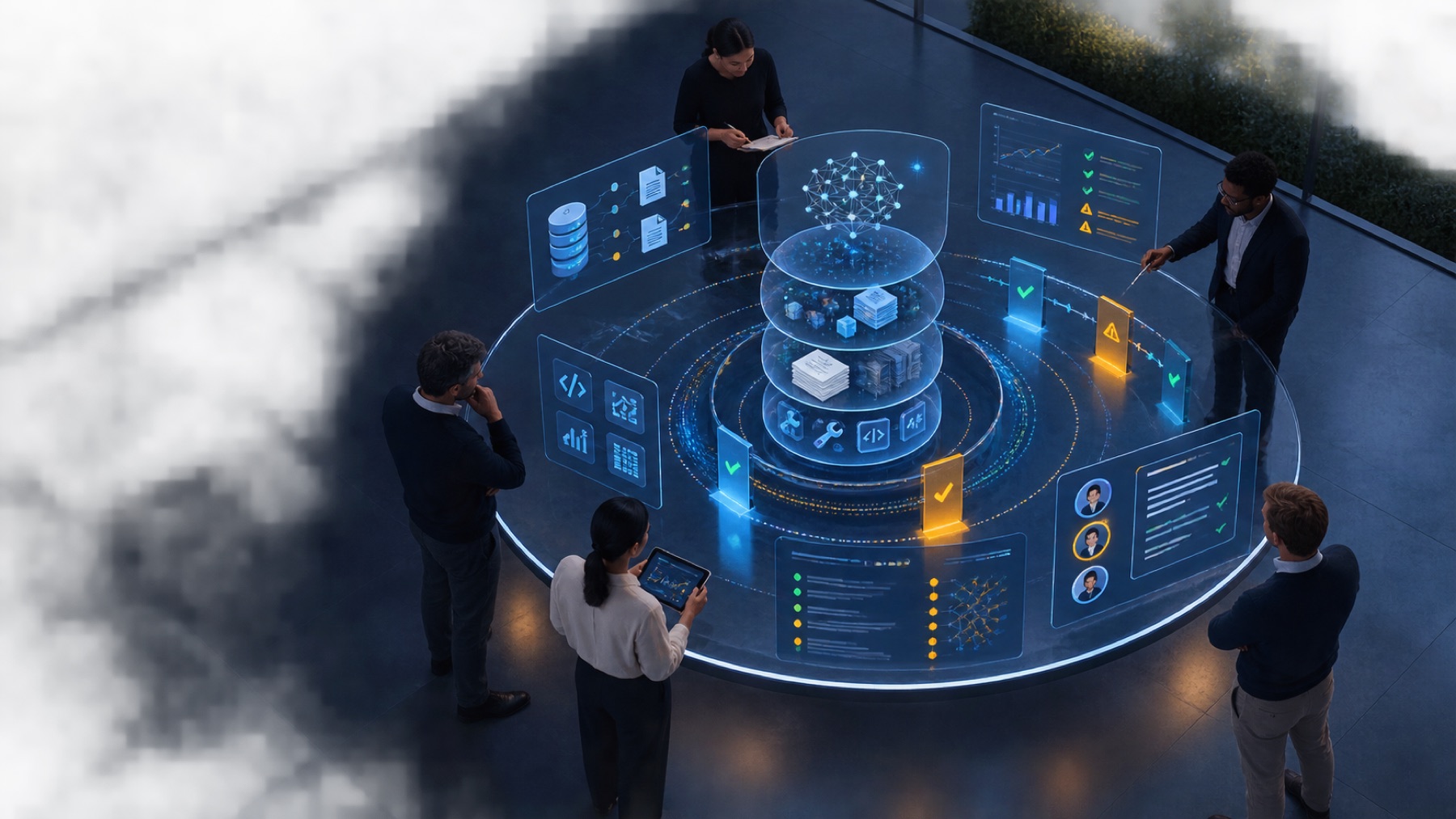A team reviewing layered AI system controls and evaluation gates