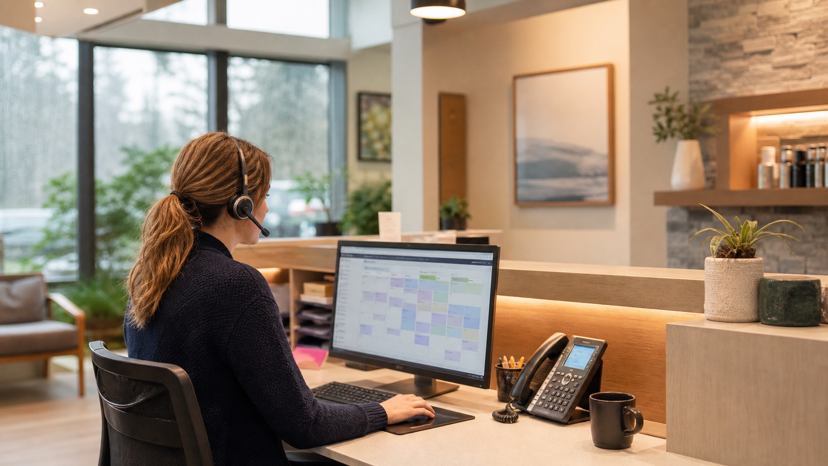 Clinic receptionist reviewing an appointment calendar at a calm front desk